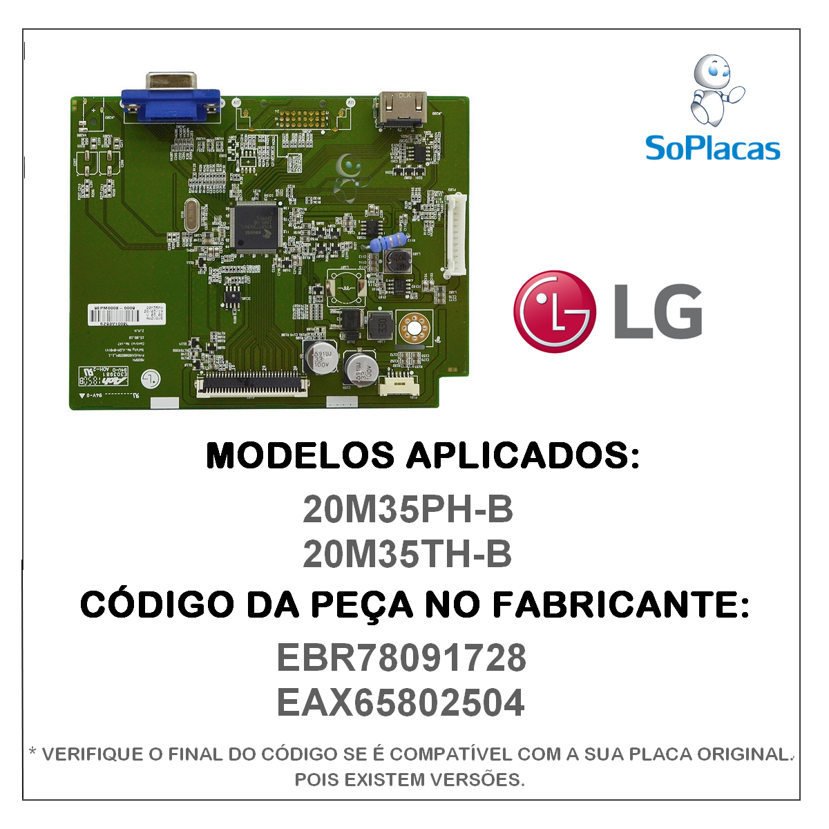 PLACA PRINCIPAL LG MONITOR 20M35PH B 20M35TH B EBR78091728 EAX65802504